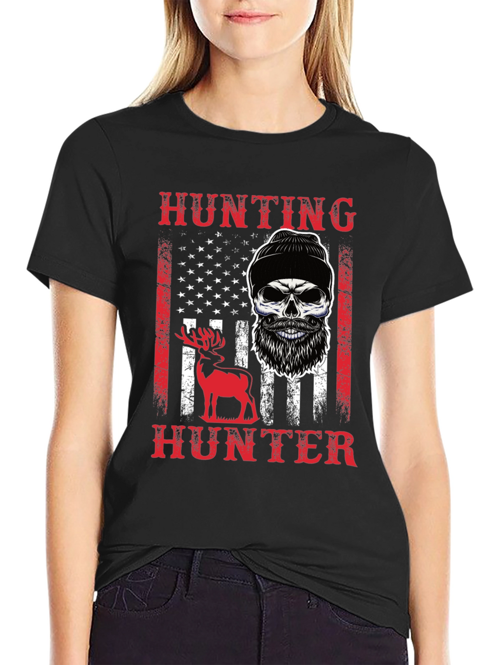 Hunting Hunter T-Shirt Skull Deer USA Flag