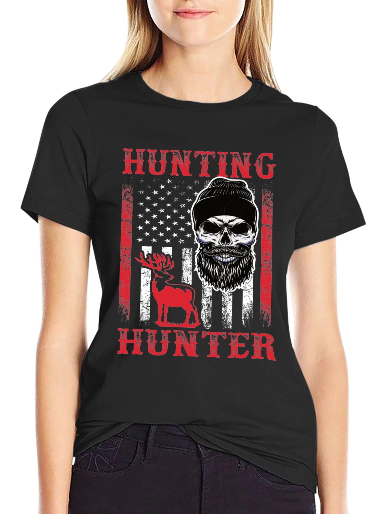 Hunting Hunter T-Shirt Skull Deer USA Flag