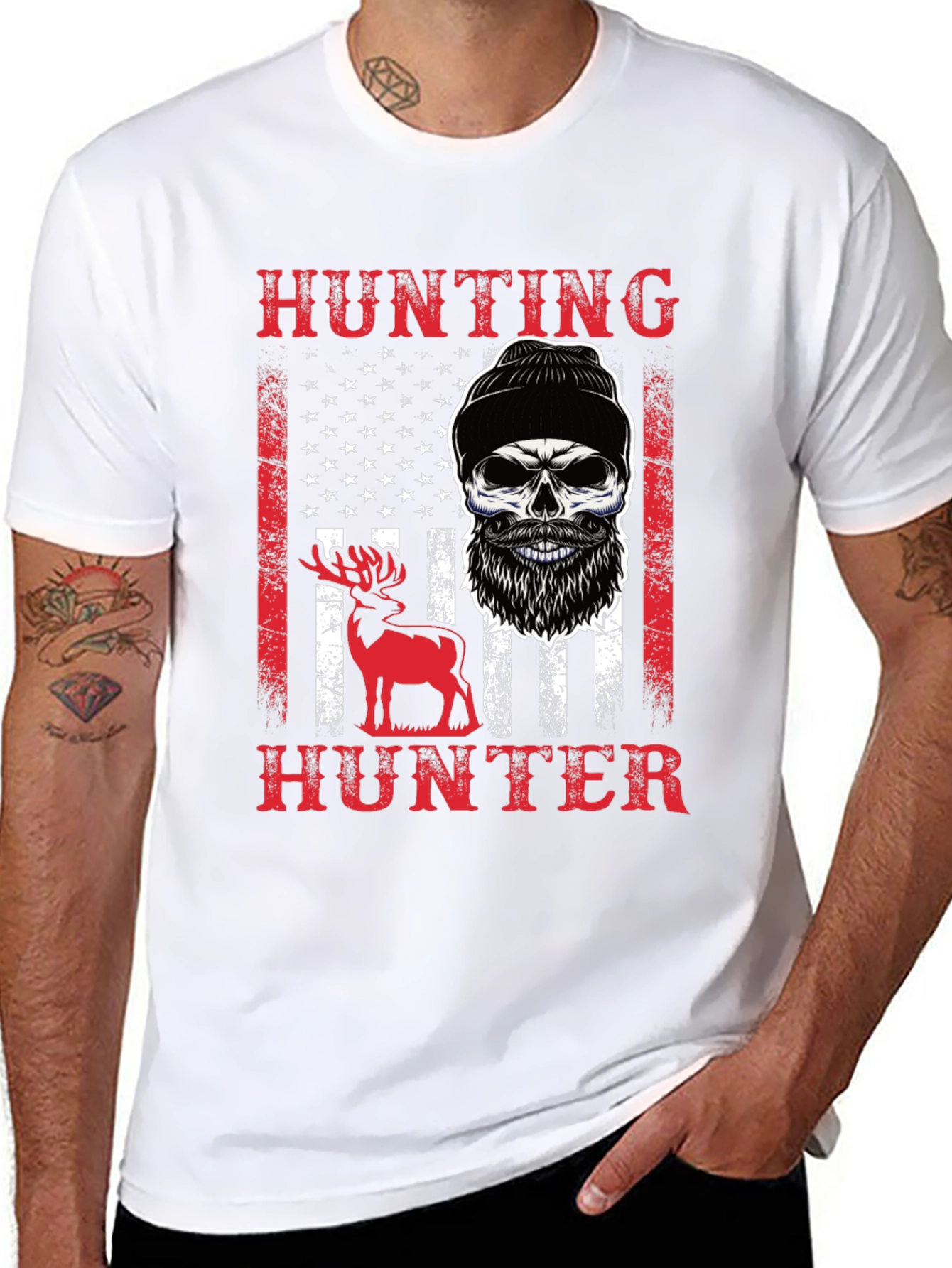 Hunting Hunter T-Shirt Skull Deer USA Flag