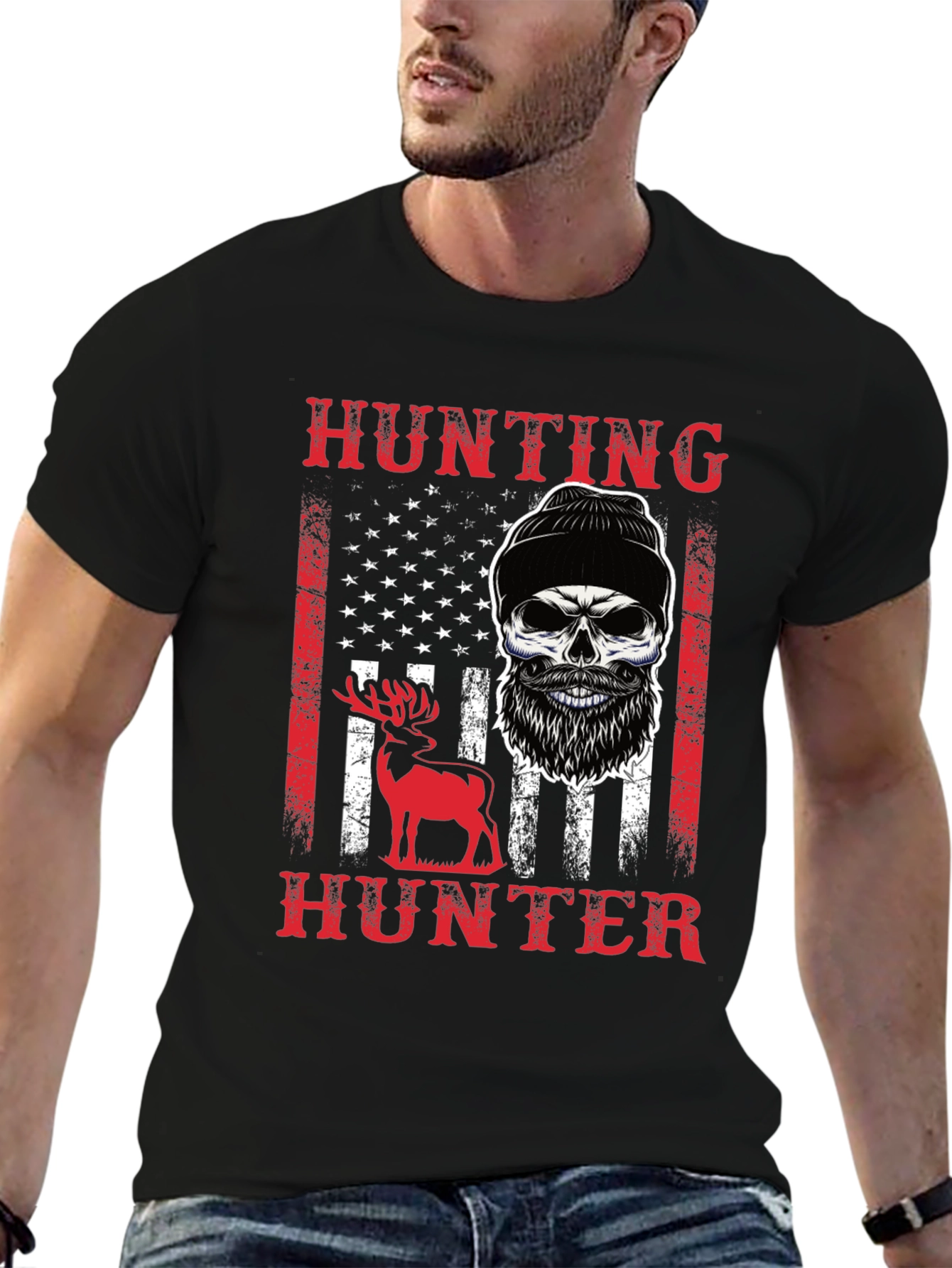 Hunting Hunter T-Shirt Skull Deer USA Flag