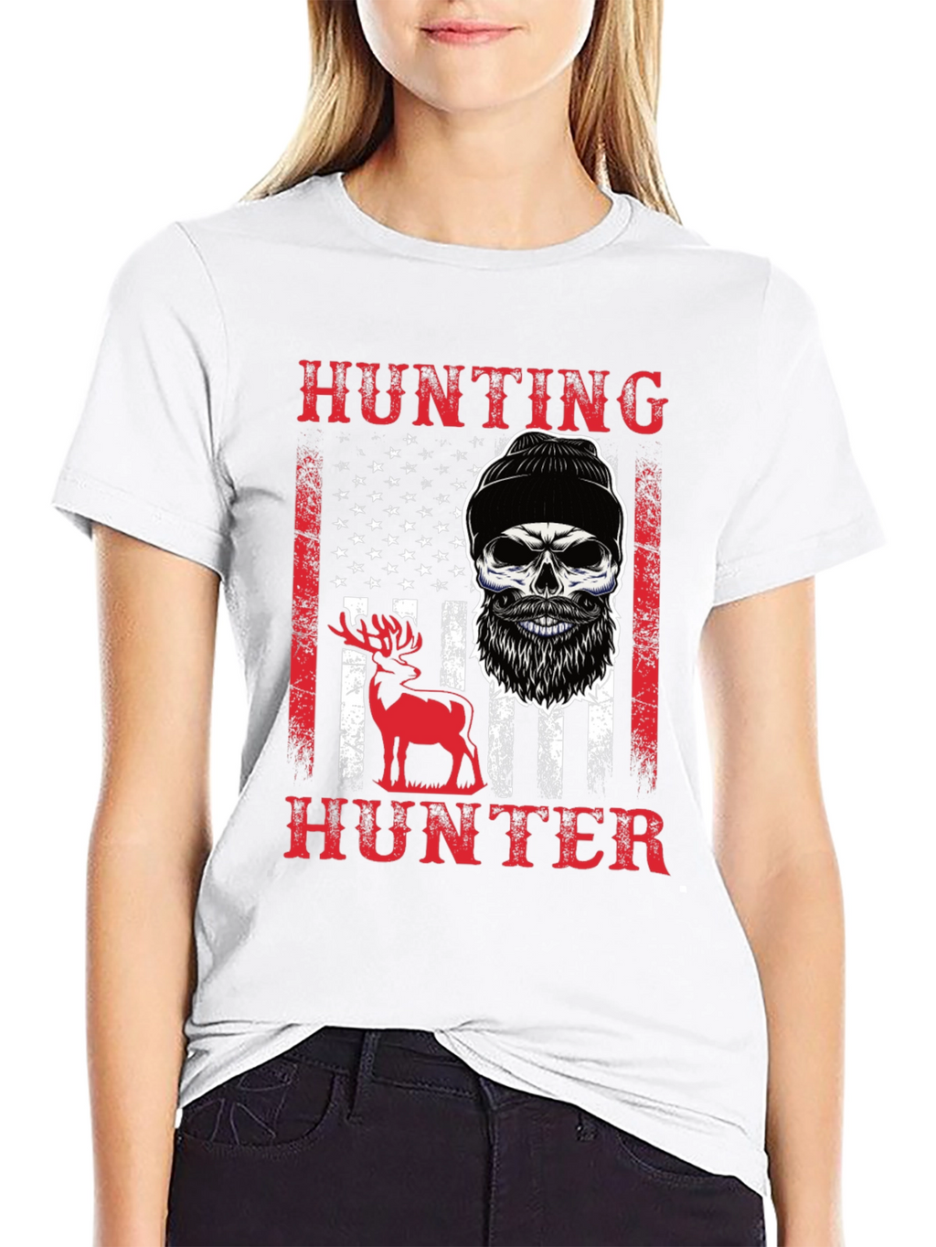 Hunting Hunter T-Shirt Skull Deer USA Flag
