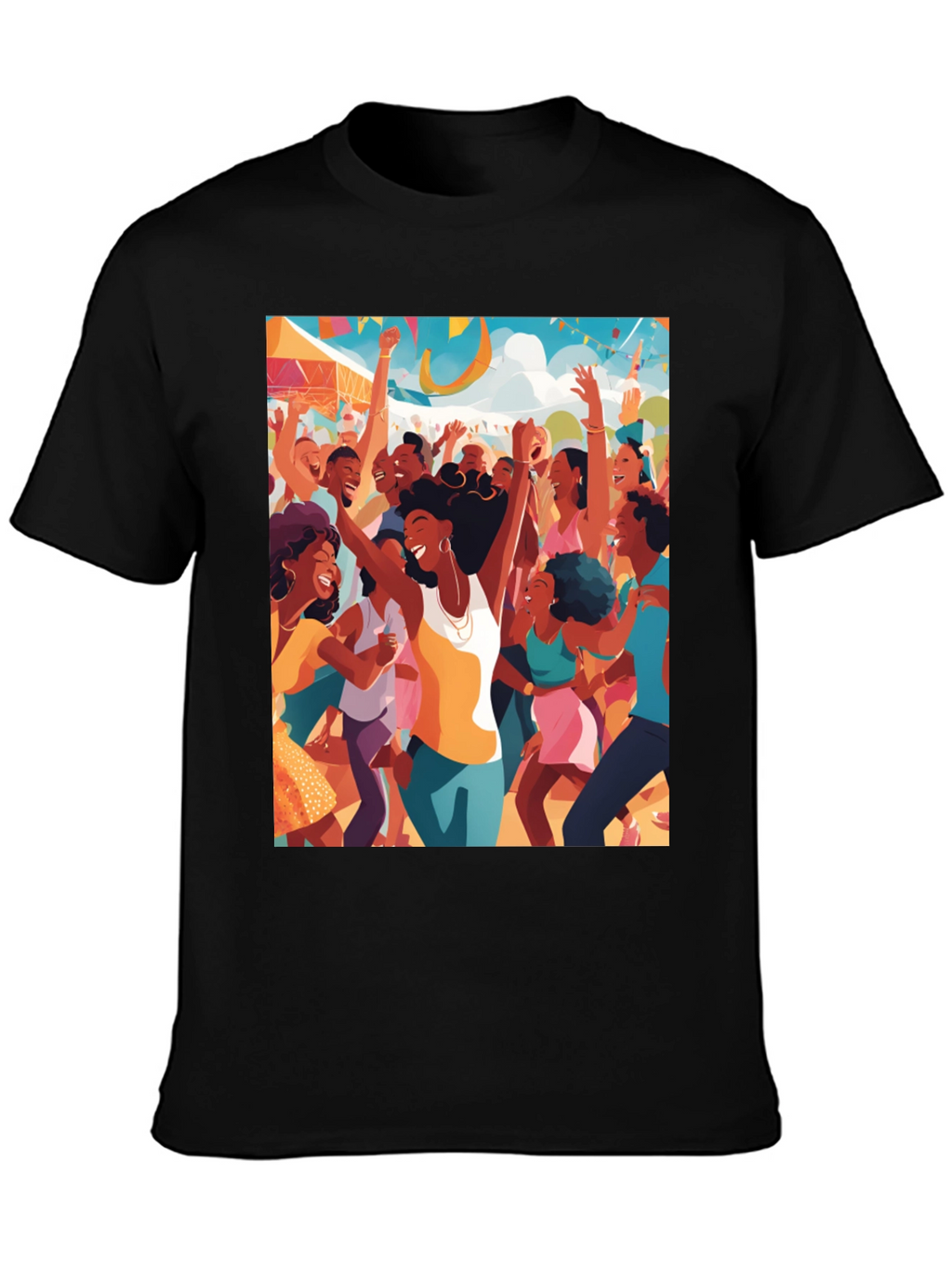 Festive Crowd Graphic Tee - Black Cotton Comfort