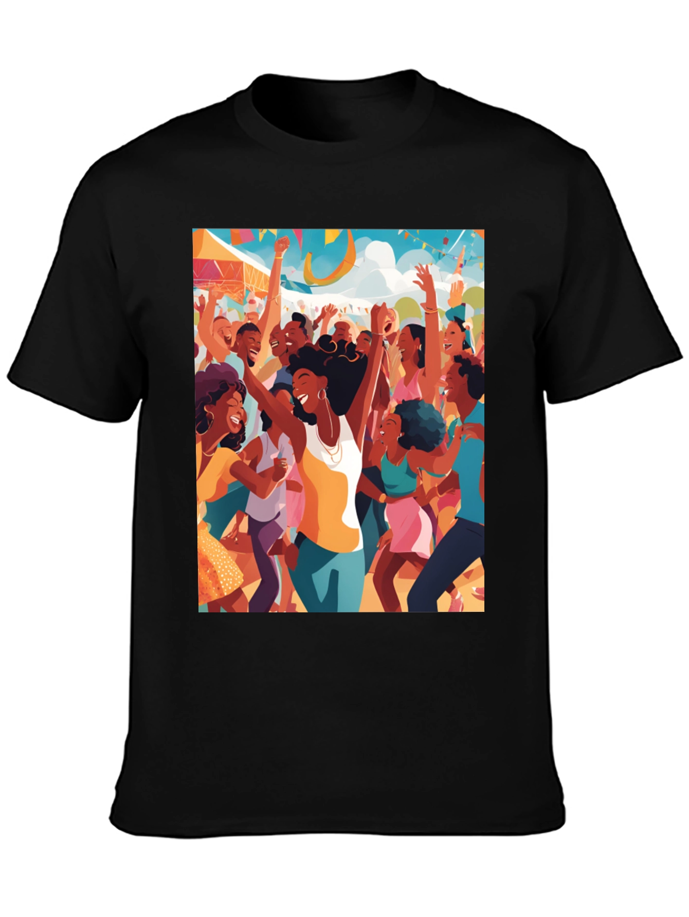 Festive Crowd Graphic Tee - Black Cotton Comfort