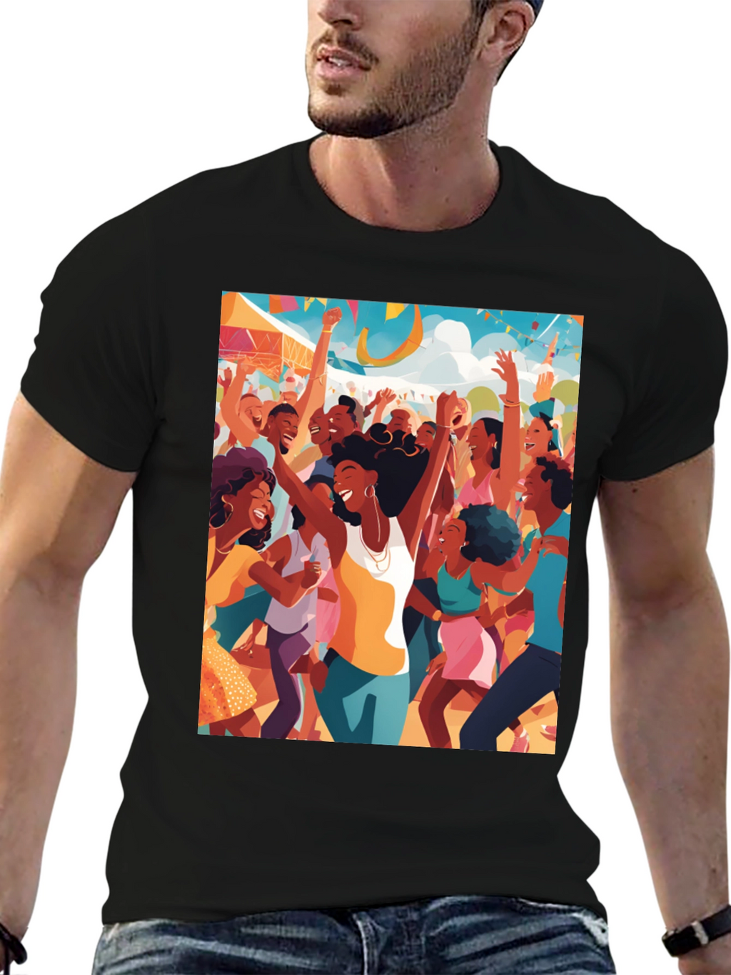 Festive Crowd Graphic Tee - Black Cotton Comfort