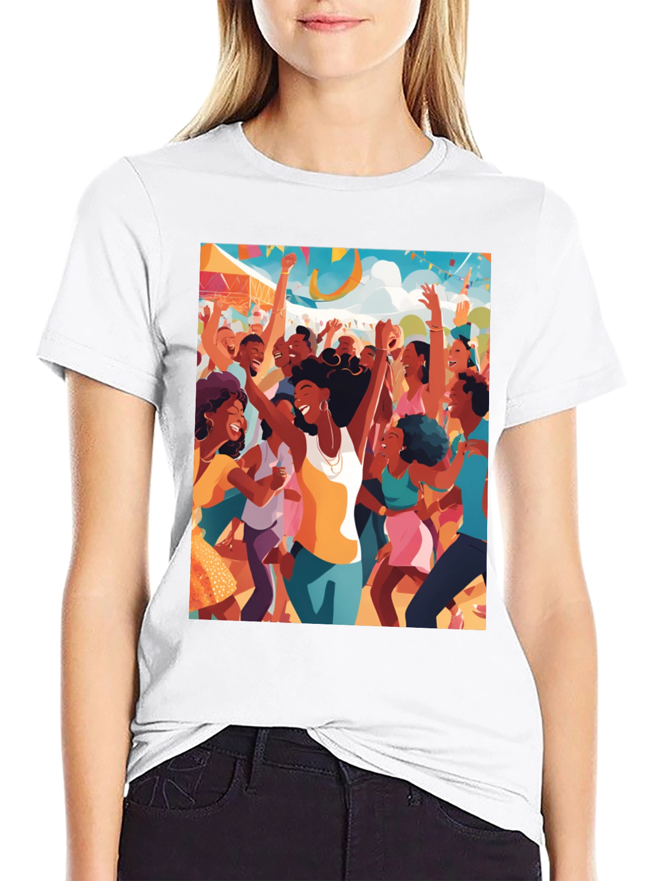 Festive Crowd Graphic Tee - Black Cotton Comfort