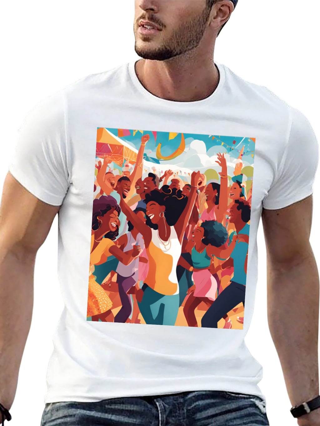 Festive Crowd Graphic Tee - Black Cotton Comfort