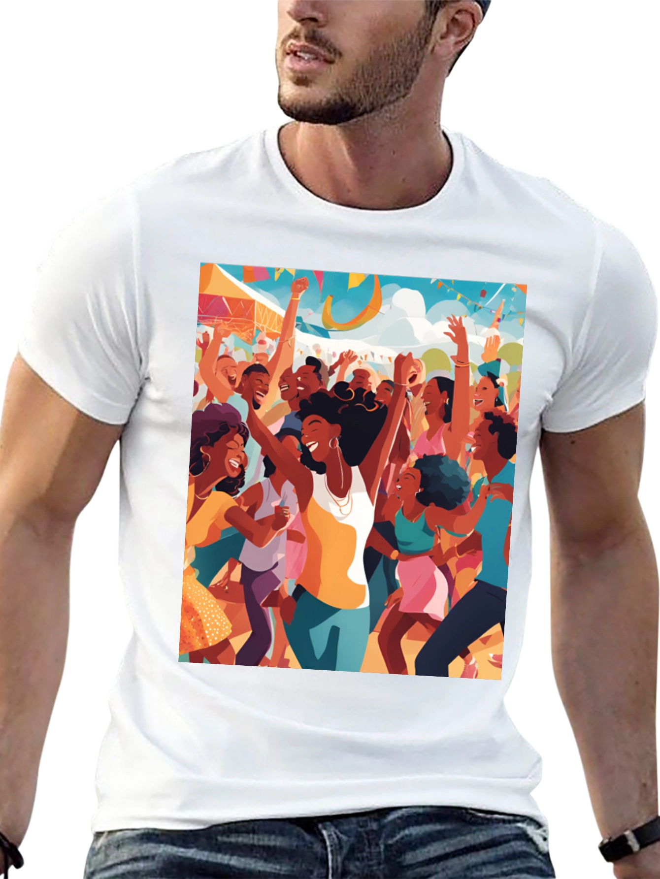 Festive Crowd Graphic Tee - Black Cotton Comfort