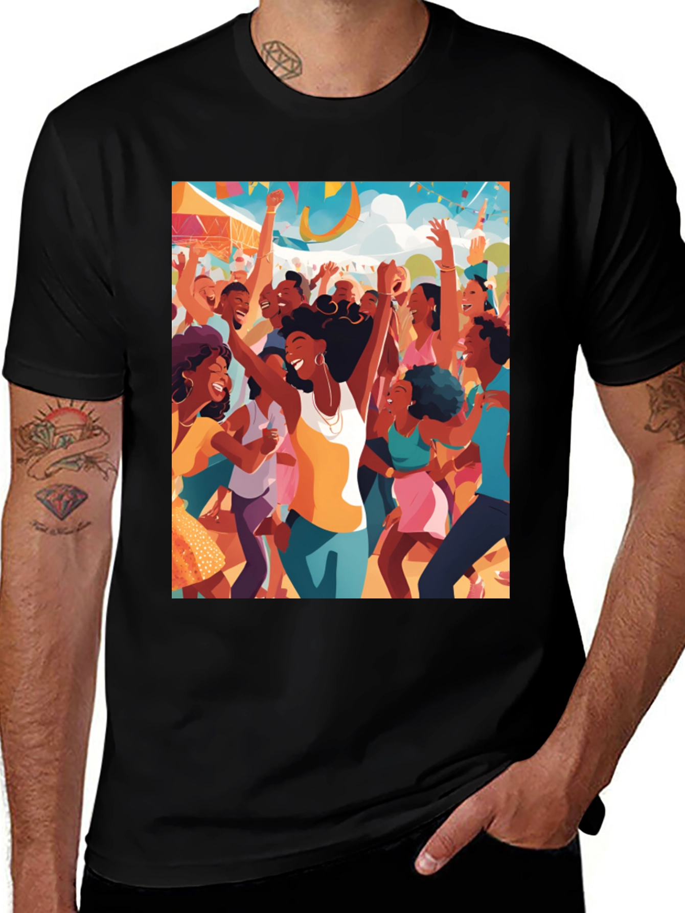 Festive Crowd Graphic Tee - Black Cotton Comfort
