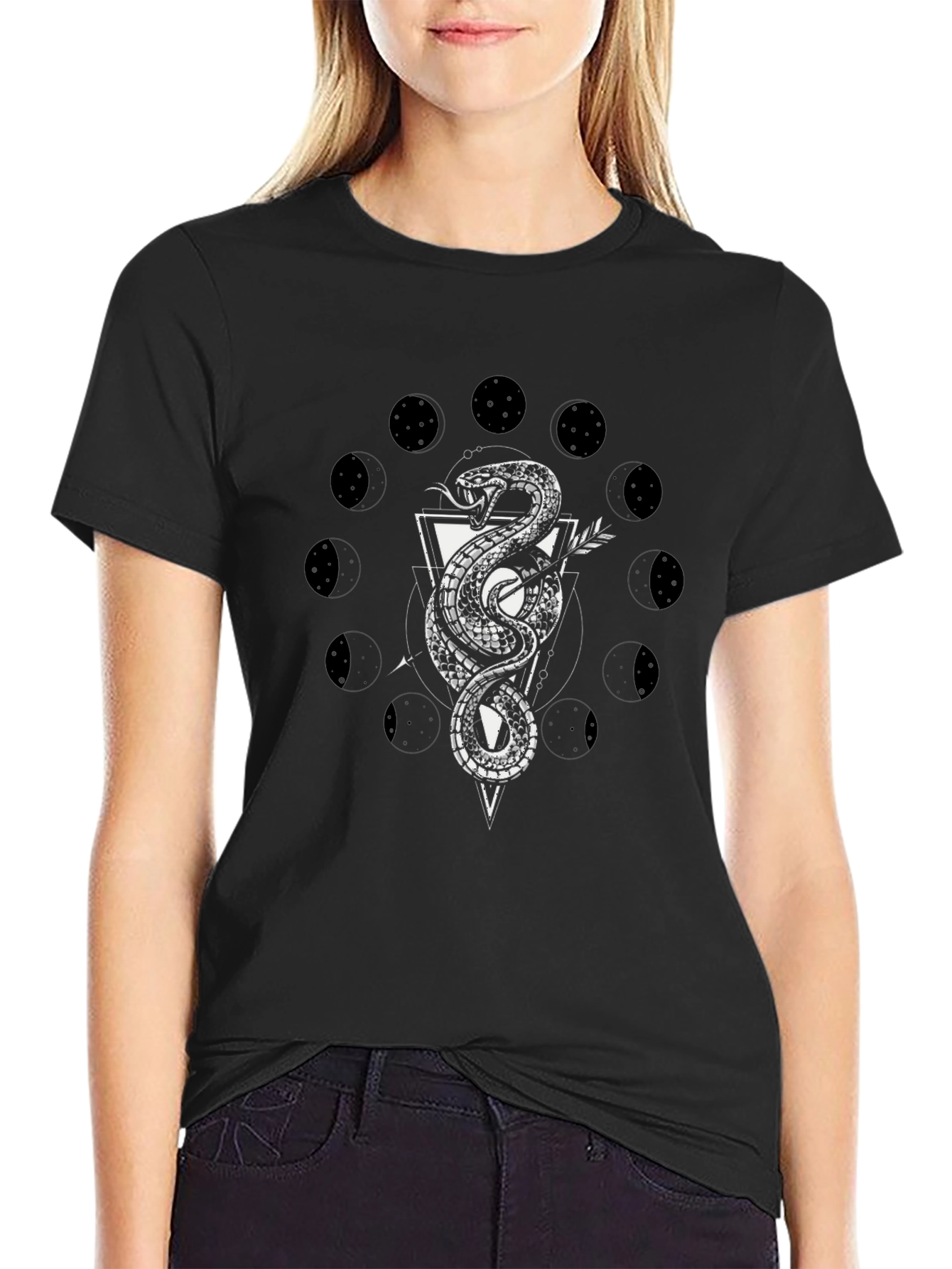 Snake Moon Phase Graphic Tee - Black Cotton T-Shirt