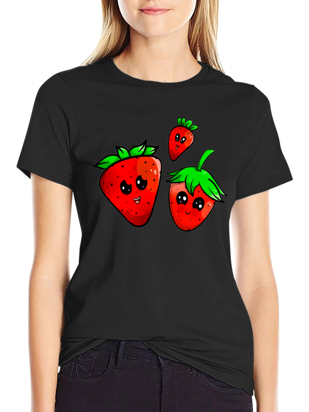 Cute Strawberry Graphic Black T-Shirt