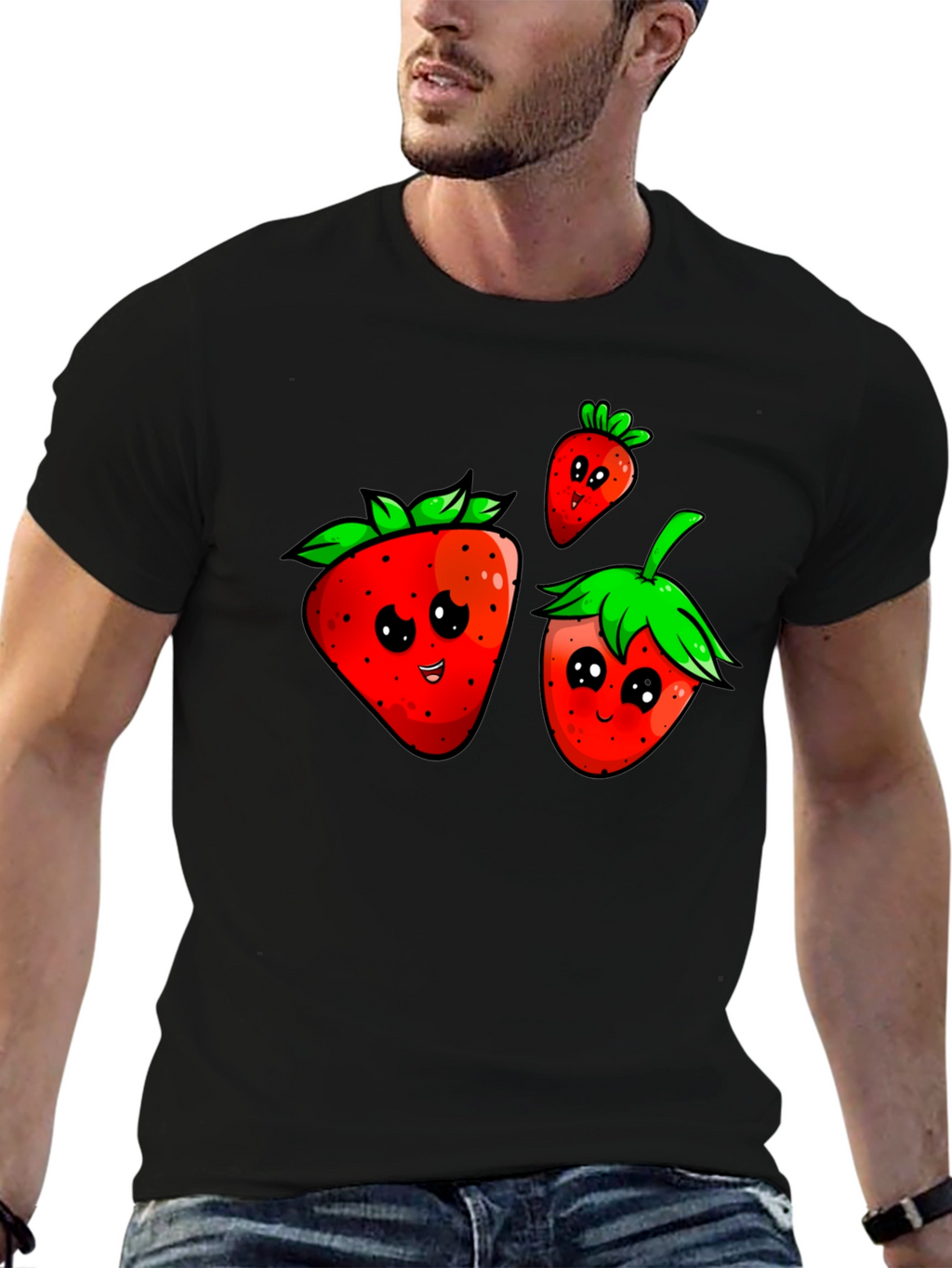 Cute Strawberry Graphic Black T-Shirt