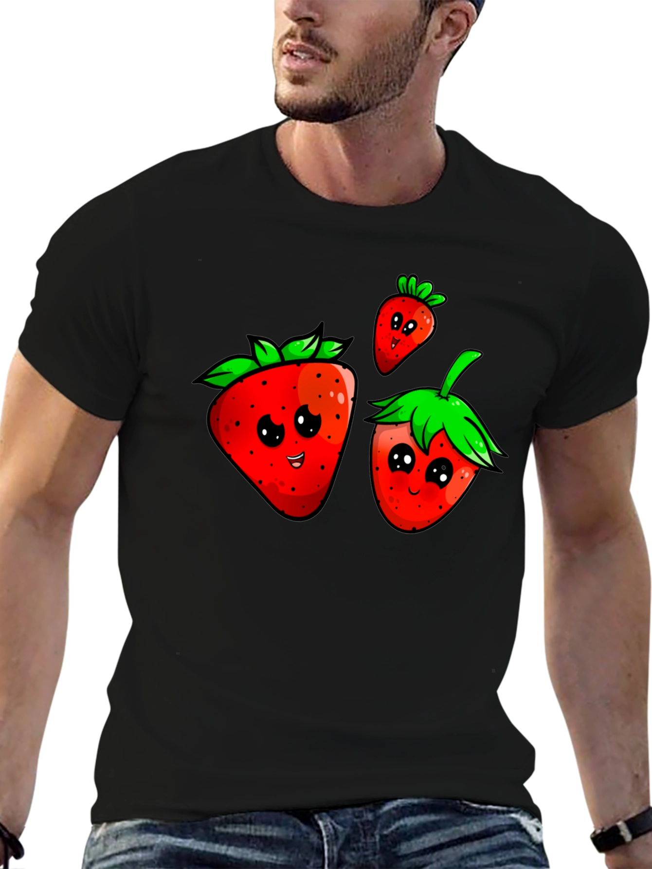 Cute Strawberry Graphic Black T-Shirt