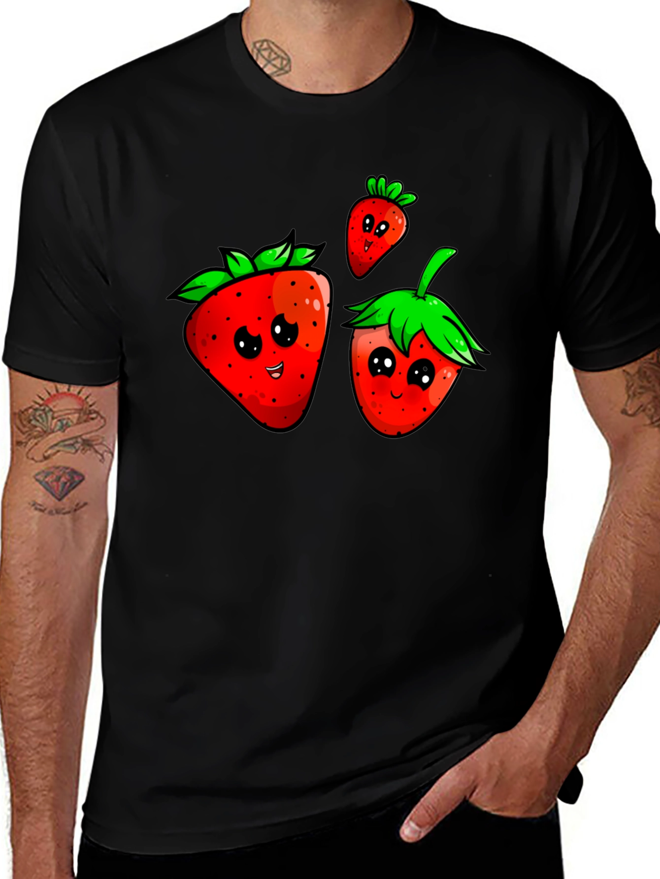 Cute Strawberry Graphic Black T-Shirt
