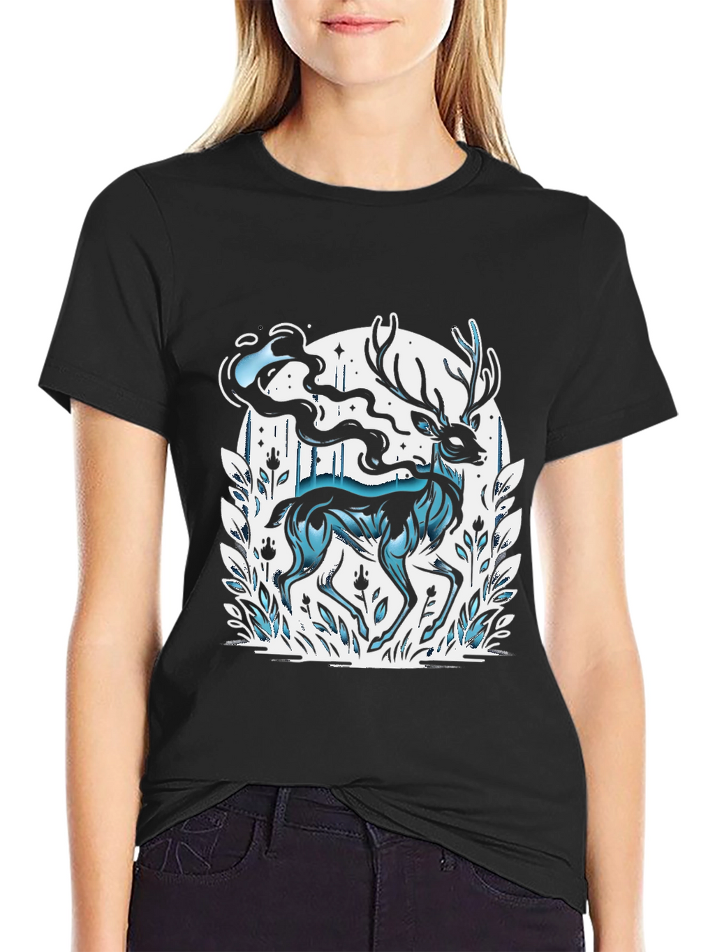 Mystic Deer Graphic Tee - Black Cotton Blend