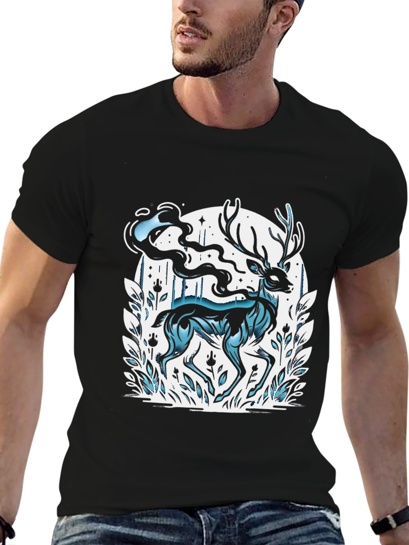 Mystic Deer Graphic Tee - Black Cotton Blend
