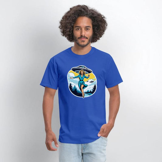 A woman is running from UFOs.