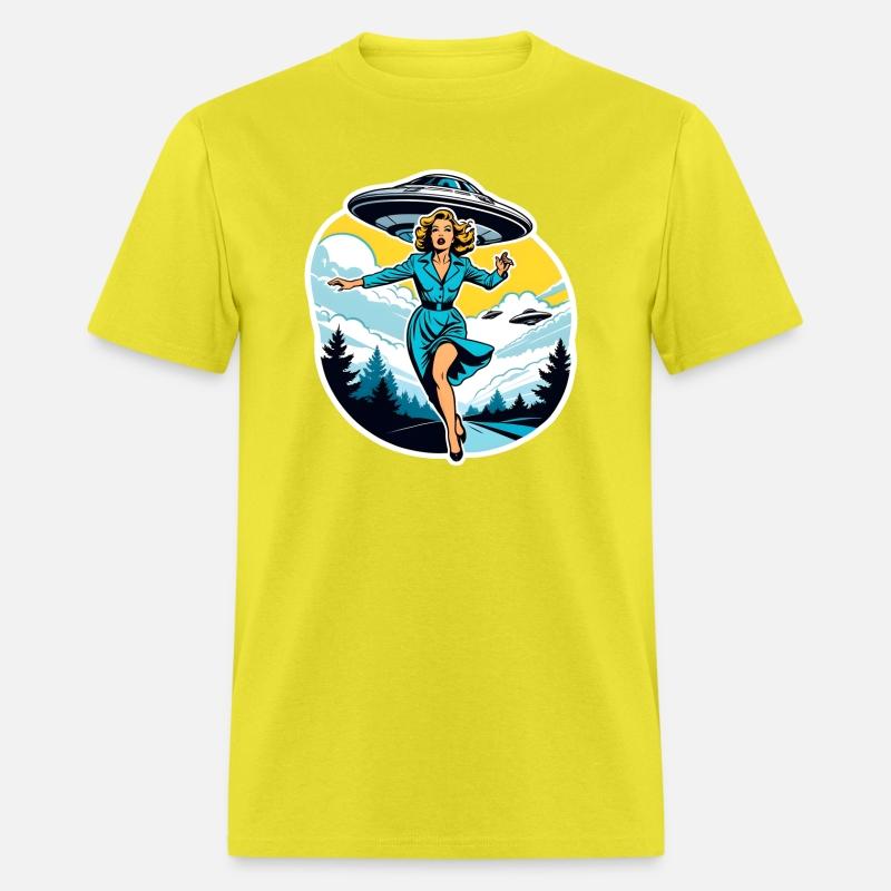 A woman is running from UFOs.