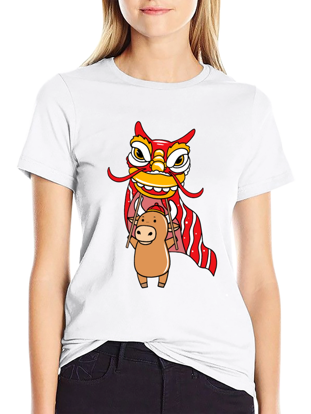 Cute Ox & Lion Dance Graphic T-Shirt