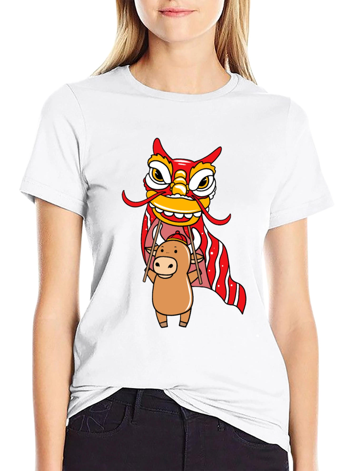 Cute Ox & Lion Dance Graphic T-Shirt