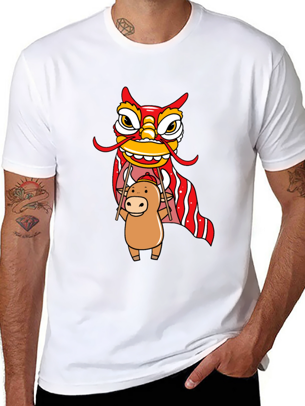 Cute Ox & Lion Dance Graphic T-Shirt