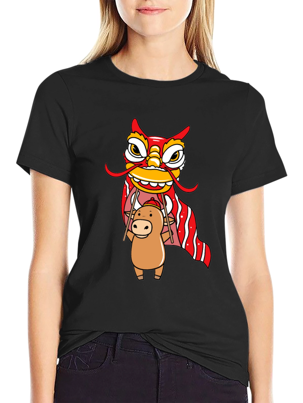 Cute Ox & Lion Dance Graphic T-Shirt
