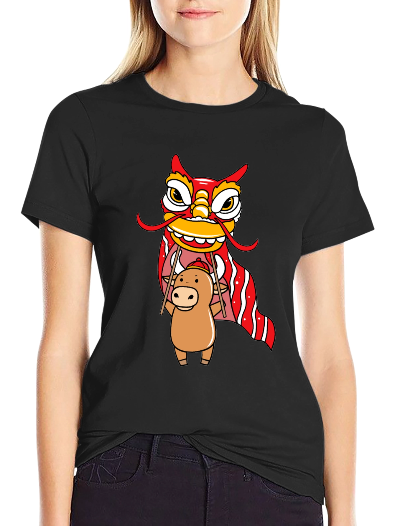 Cute Ox & Lion Dance Graphic T-Shirt
