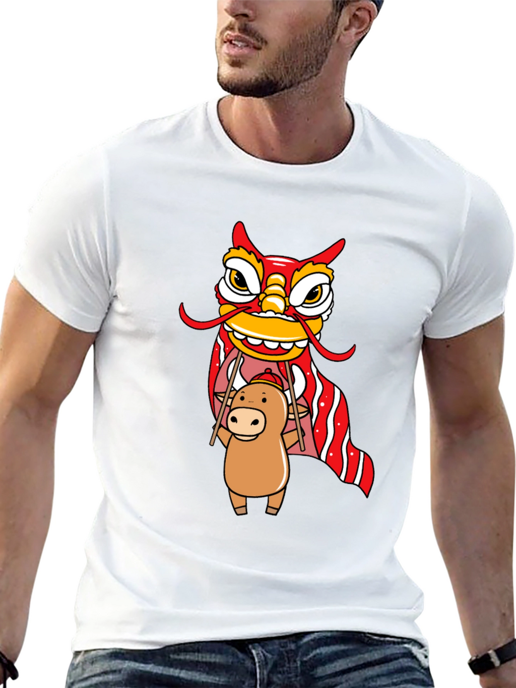 Cute Ox & Lion Dance Graphic T-Shirt