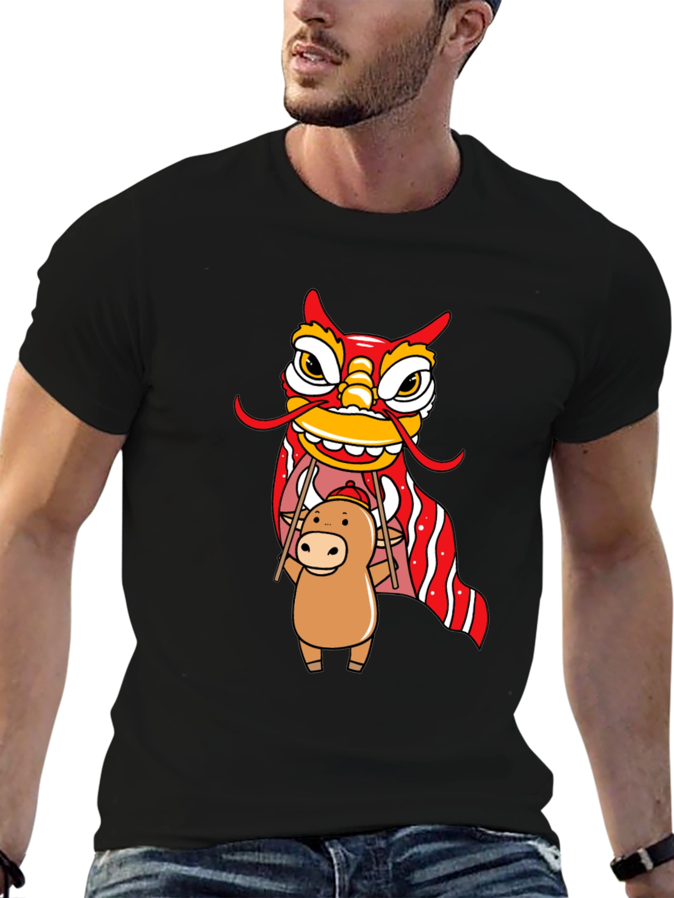 Cute Ox & Lion Dance Graphic T-Shirt
