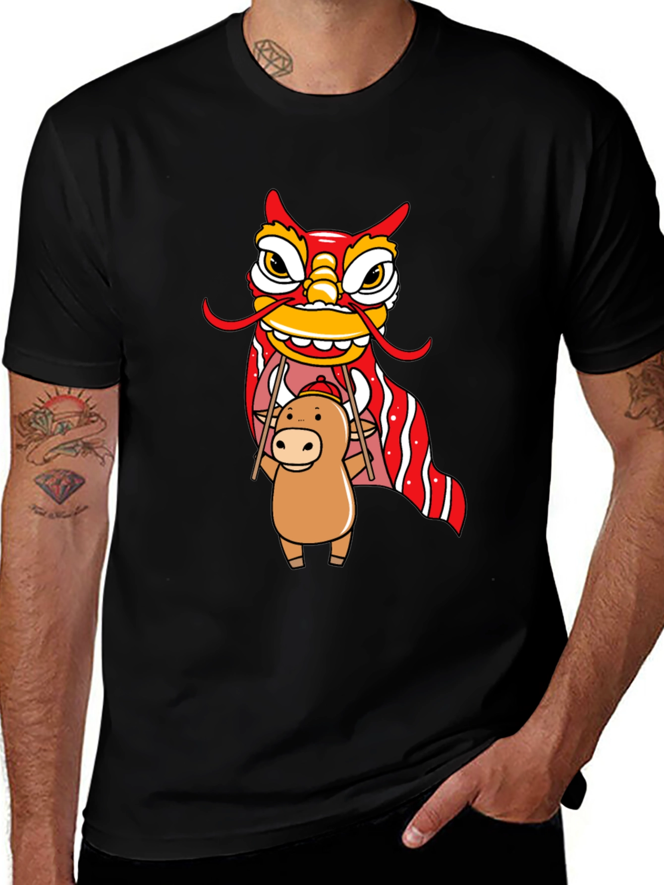 Cute Ox & Lion Dance Graphic T-Shirt
