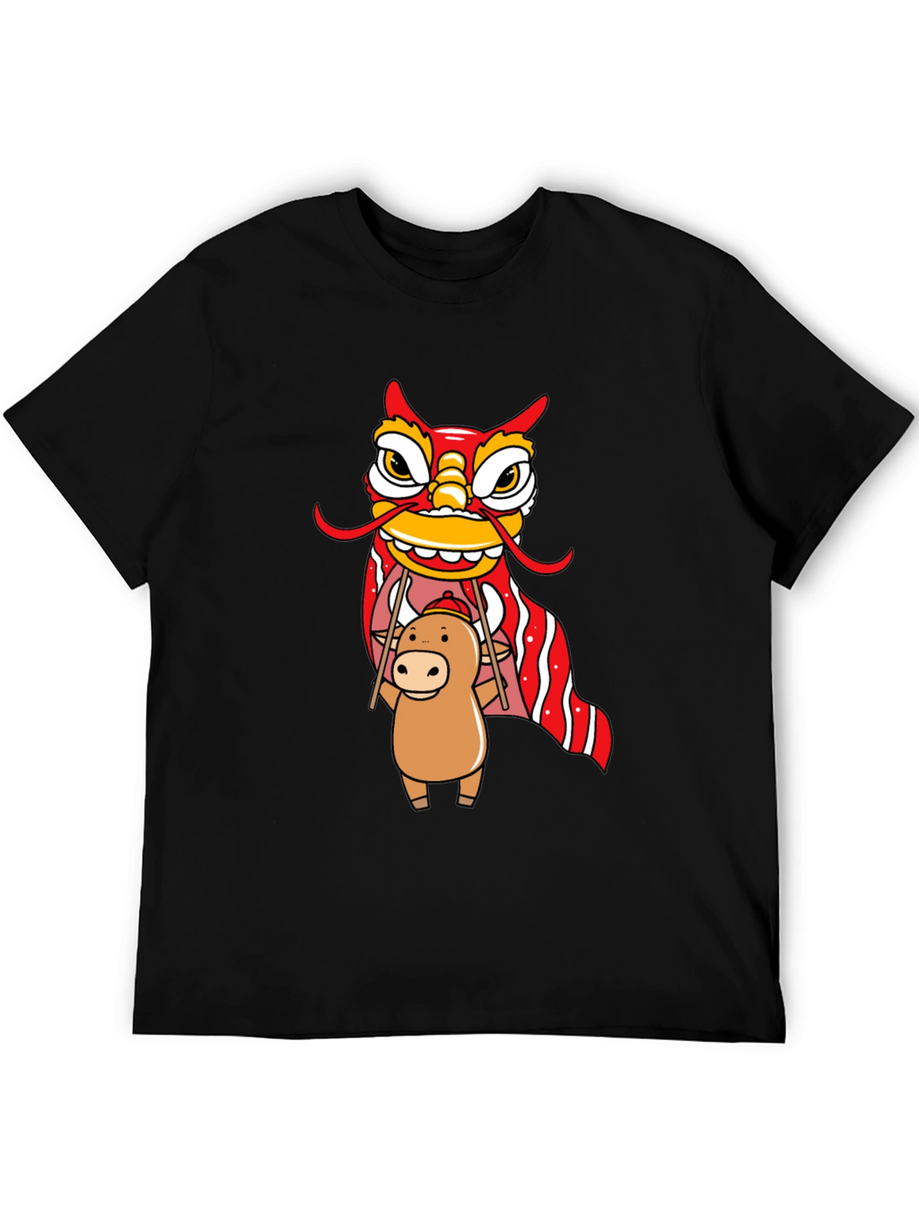 Cute Ox & Lion Dance Graphic T-Shirt