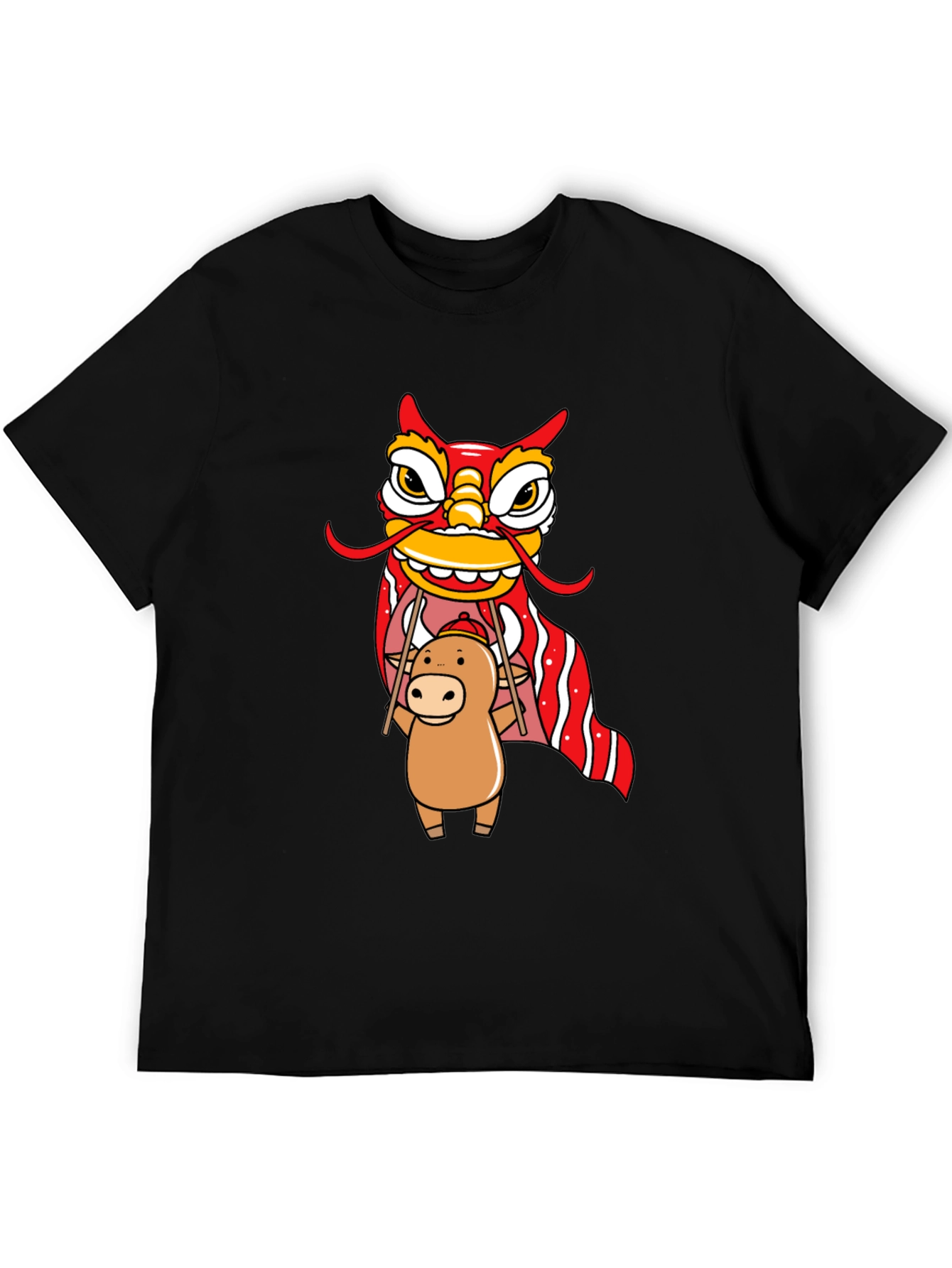 Cute Ox & Lion Dance Graphic T-Shirt