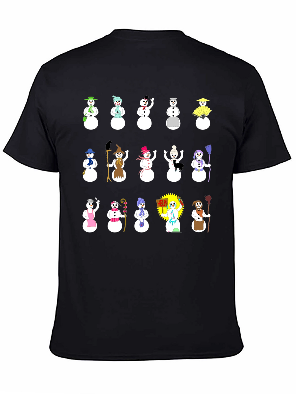 Whimsical Snowman Character T-Shirt - Black