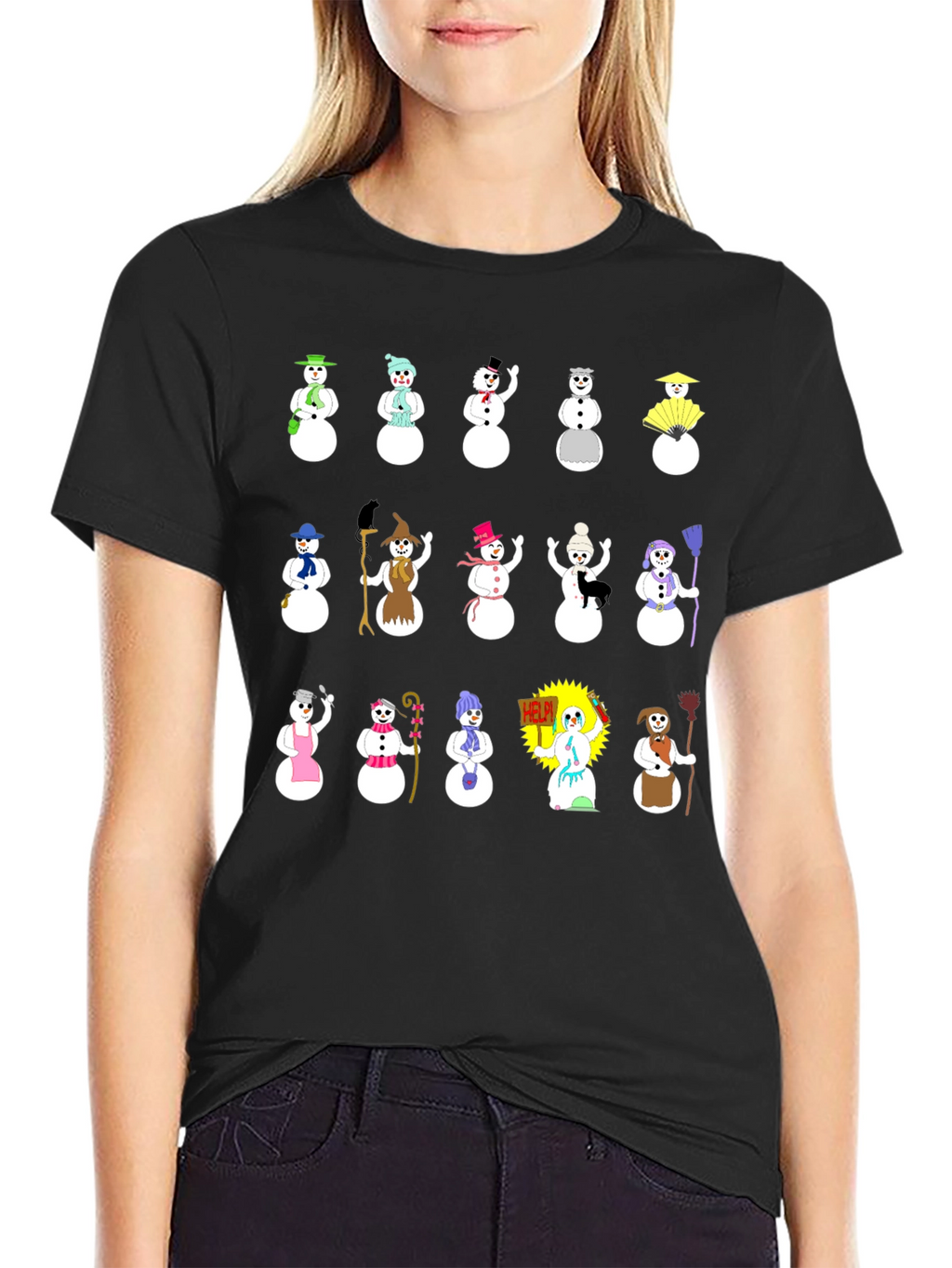 Whimsical Snowman Character T-Shirt - Black