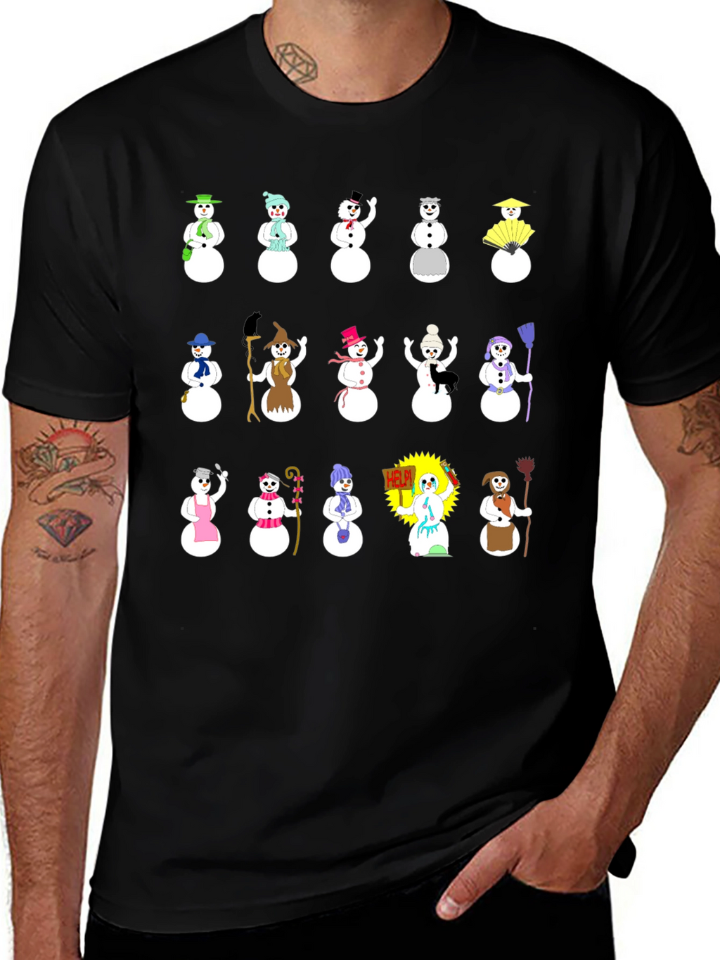 Whimsical Snowman Character T-Shirt - Black
