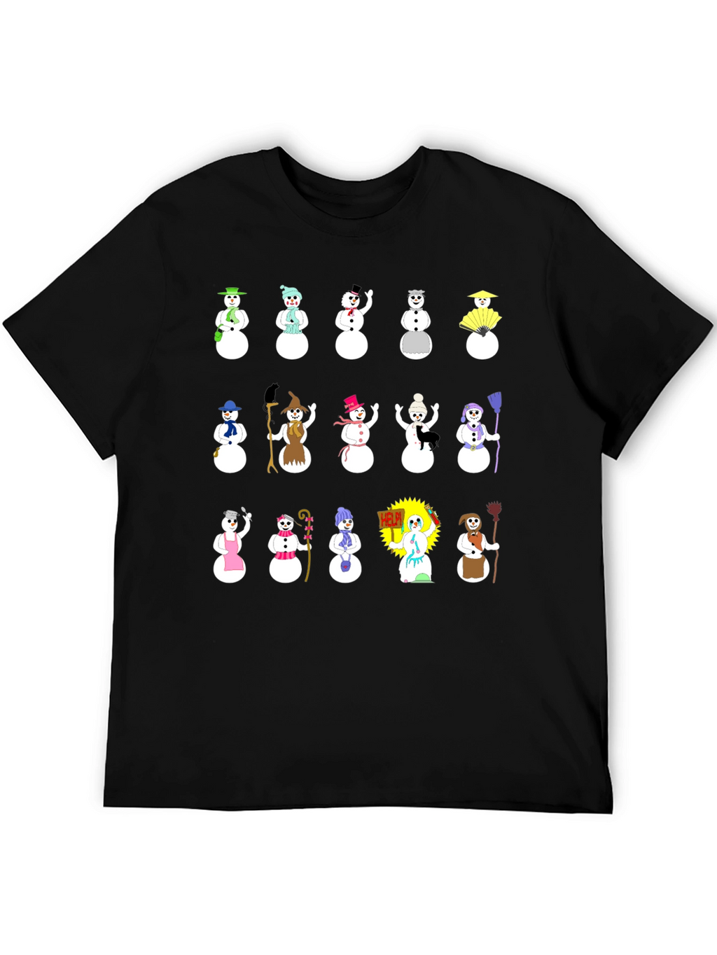 Whimsical Snowman Character T-Shirt - Black
