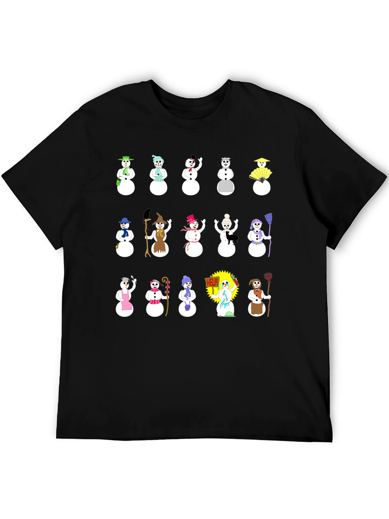 Whimsical Snowman Character T-Shirt - Black