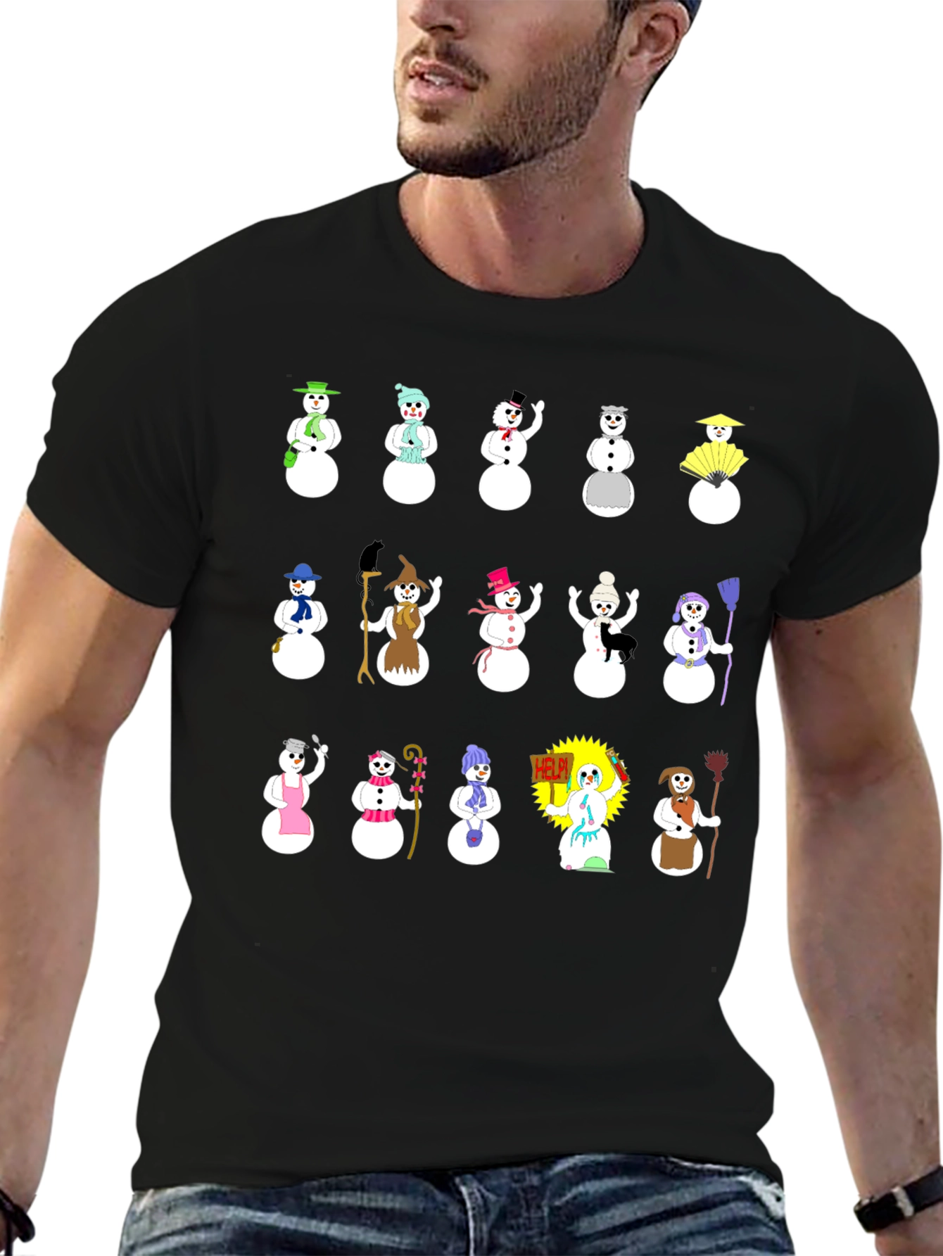 Whimsical Snowman Character T-Shirt - Black