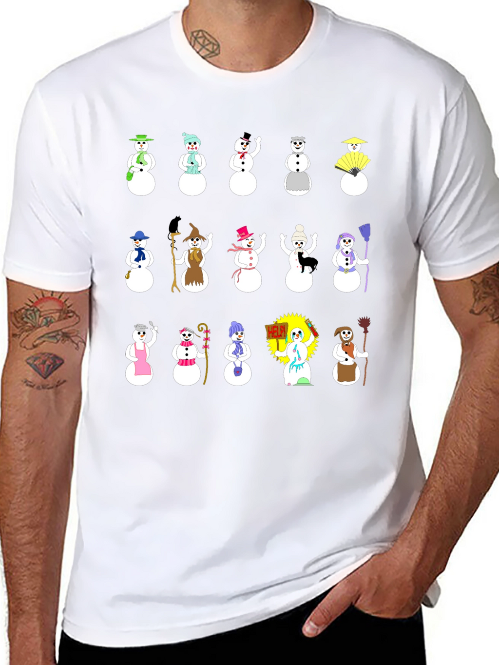 Whimsical Snowman Character T-Shirt - Black