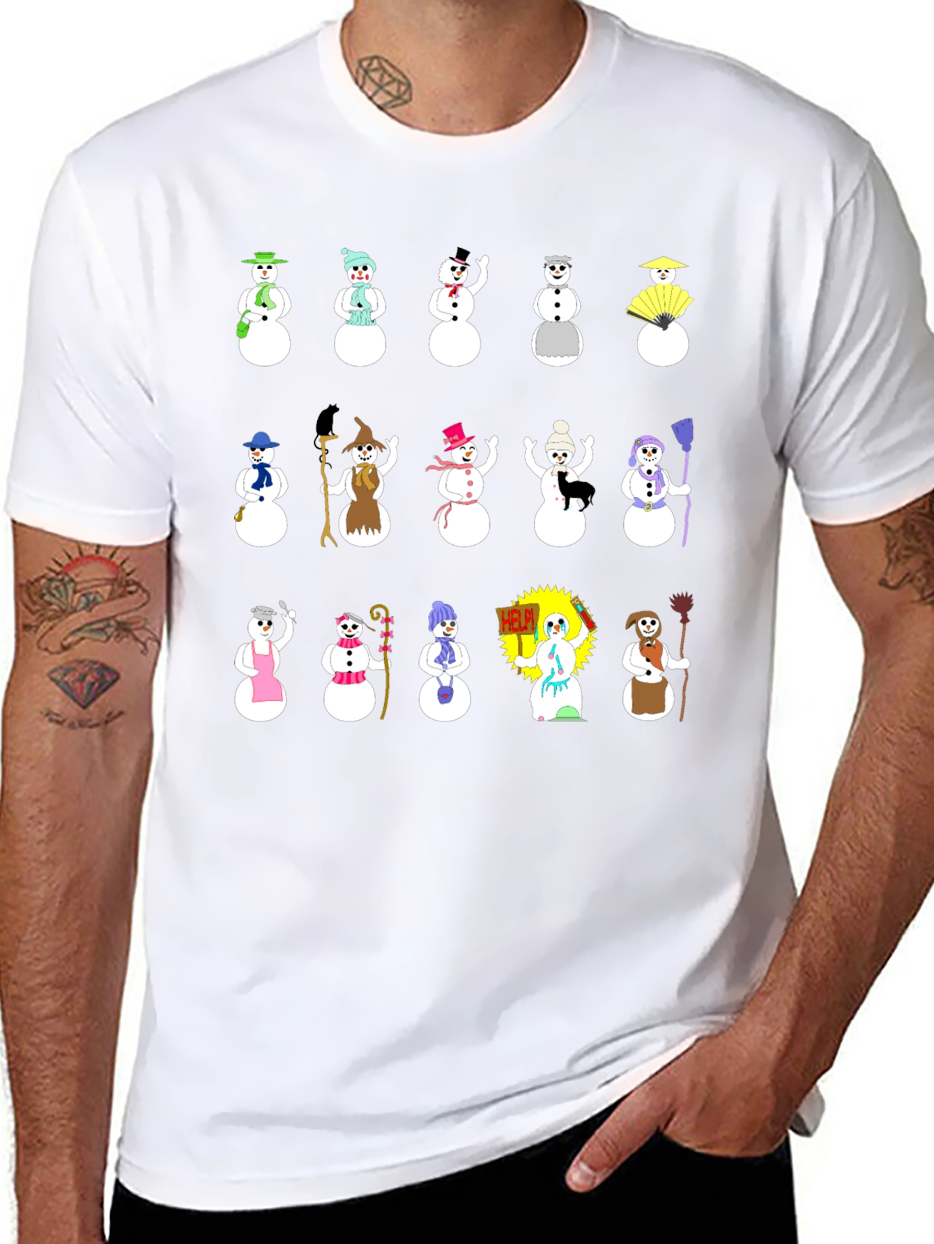 Whimsical Snowman Character T-Shirt - Black