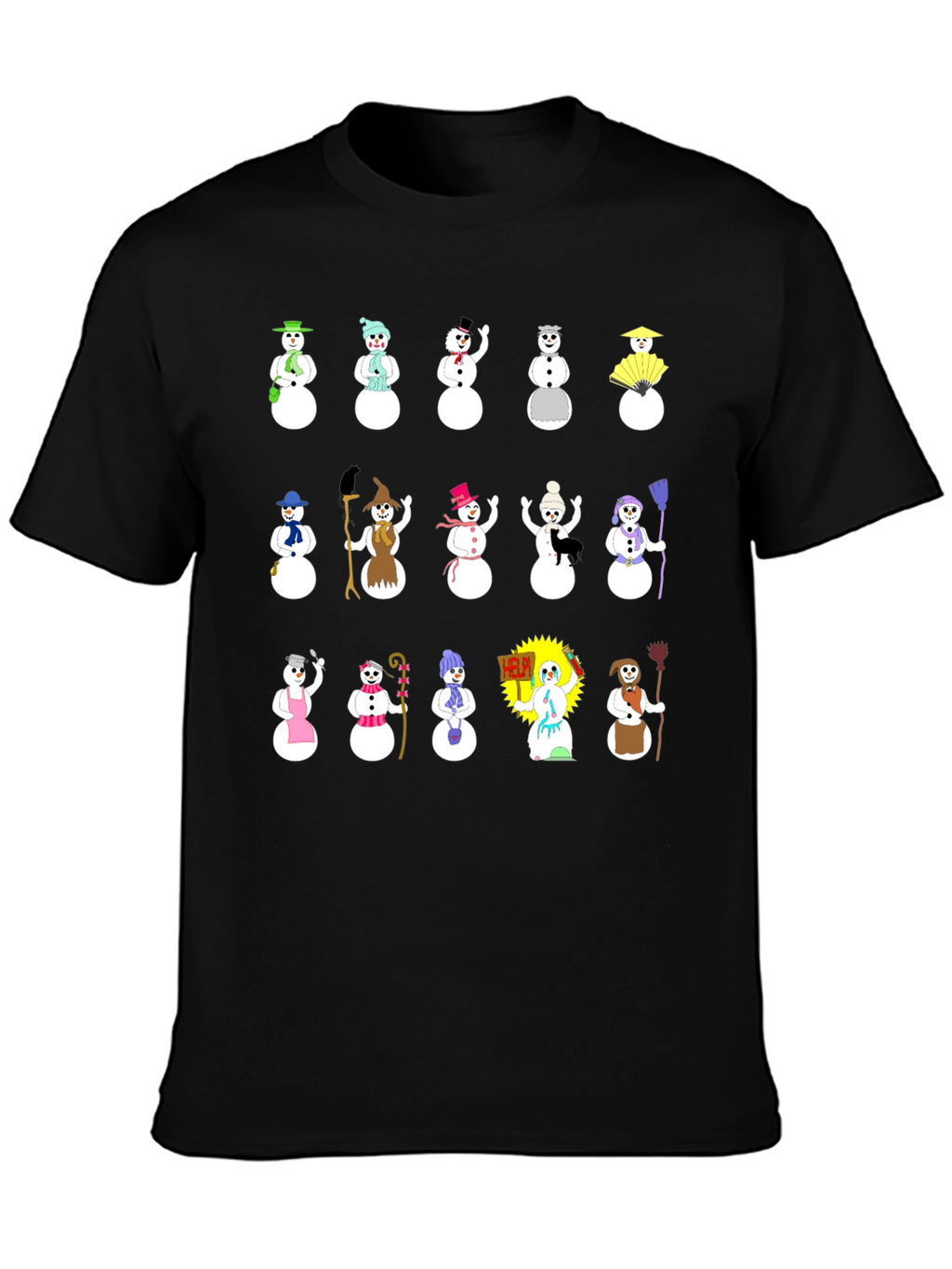 Whimsical Snowman Character T-Shirt - Black