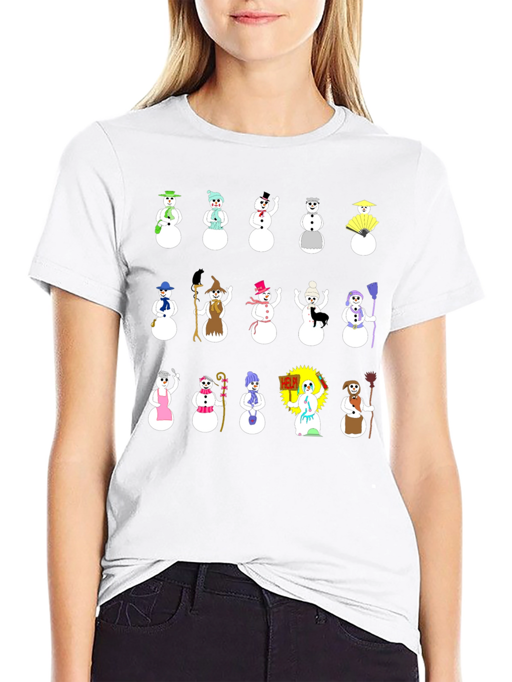 Whimsical Snowman Character T-Shirt - Black
