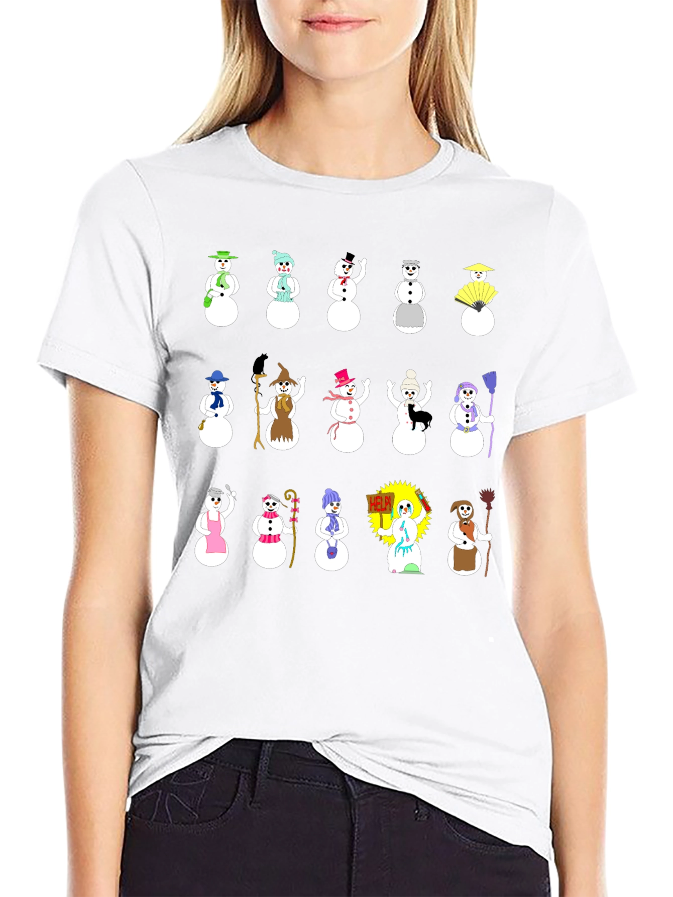 Whimsical Snowman Character T-Shirt - Black
