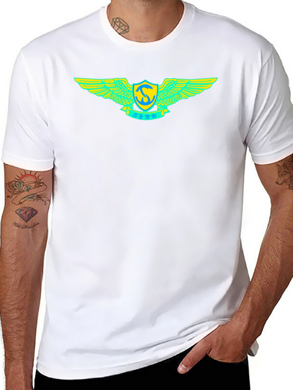 Black T-Shirt with Winged Emblem Design