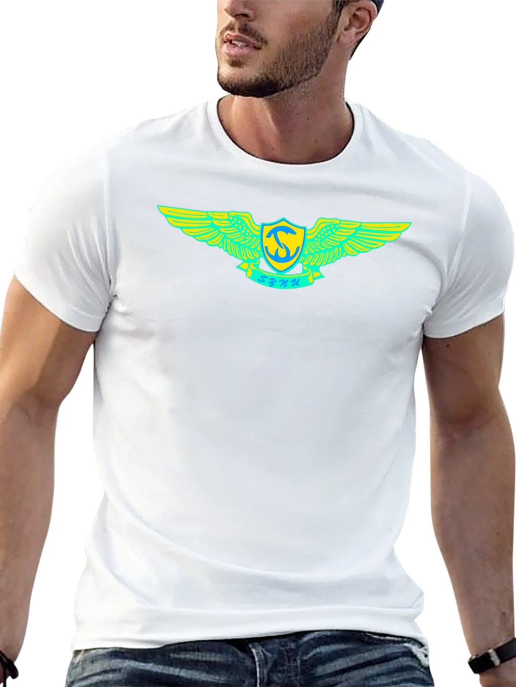 Black T-Shirt with Winged Emblem Design