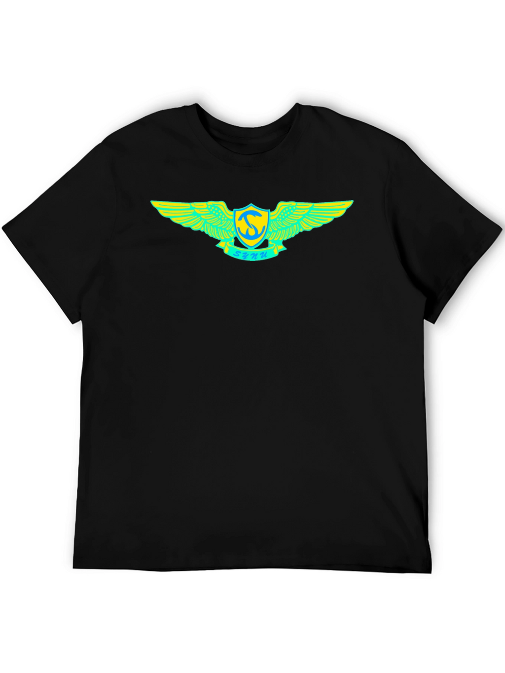Black T-Shirt with Winged Emblem Design