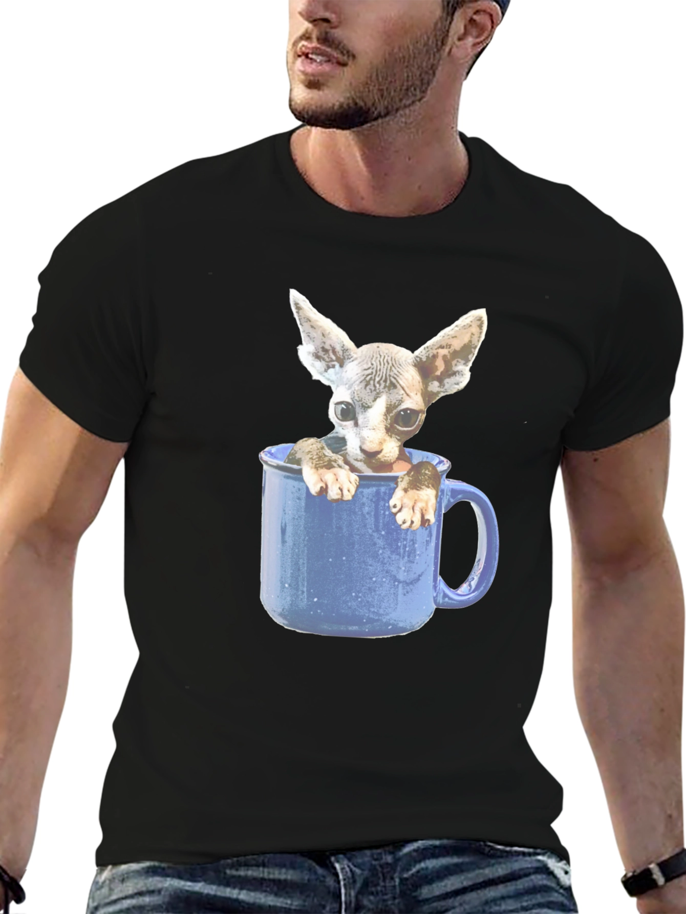 Sphynx Cat in Mug Graphic Tee - Unisex Black T-Shirt