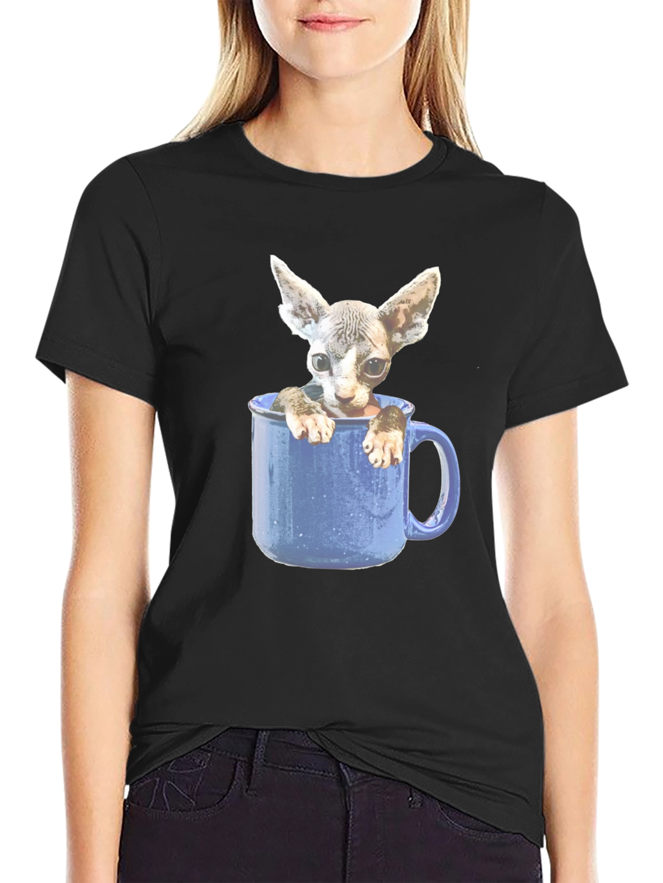 Sphynx Cat in Mug Graphic Tee - Unisex Black T-Shirt