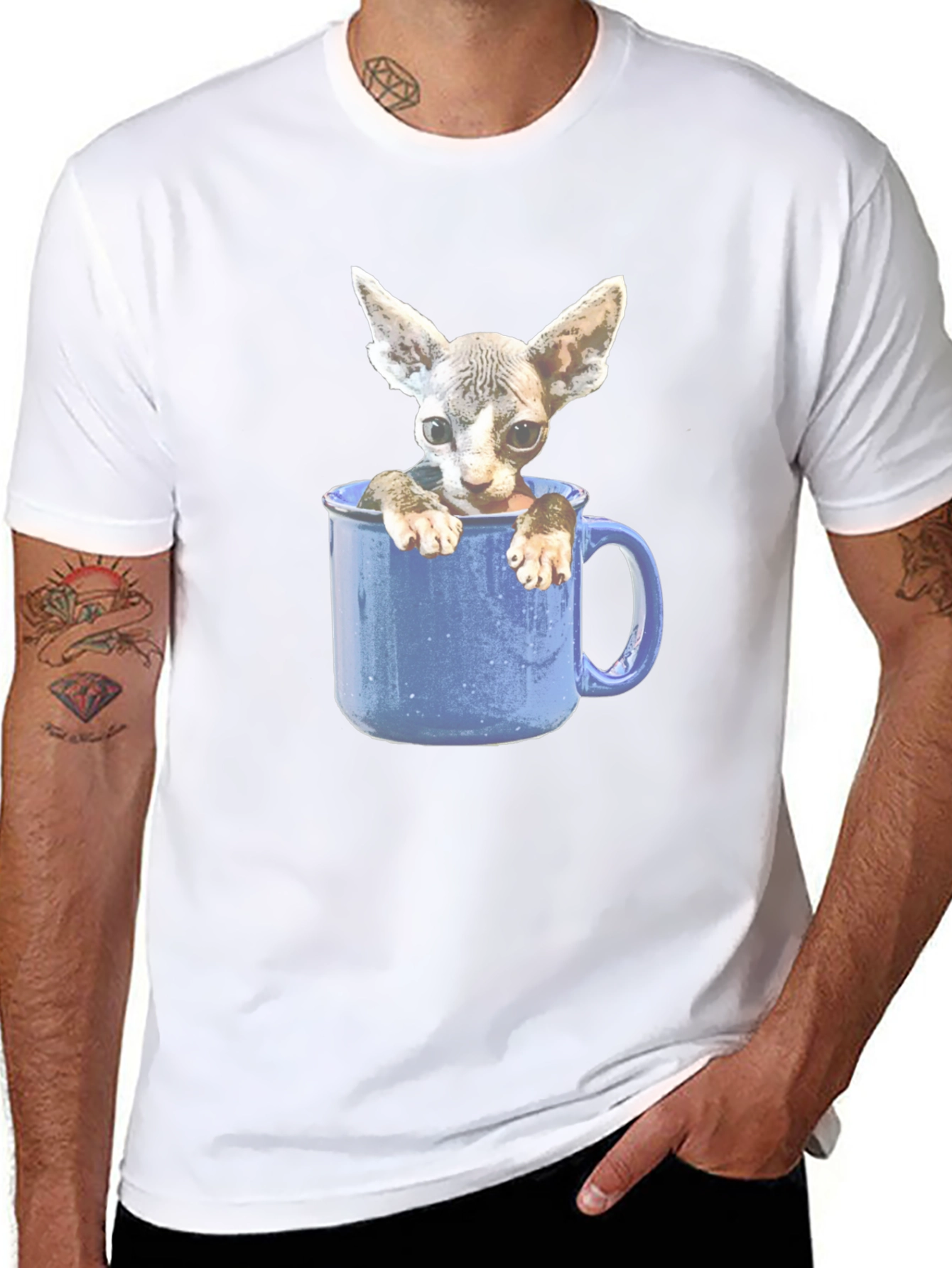 Sphynx Cat in Mug Graphic Tee - Unisex Black T-Shirt