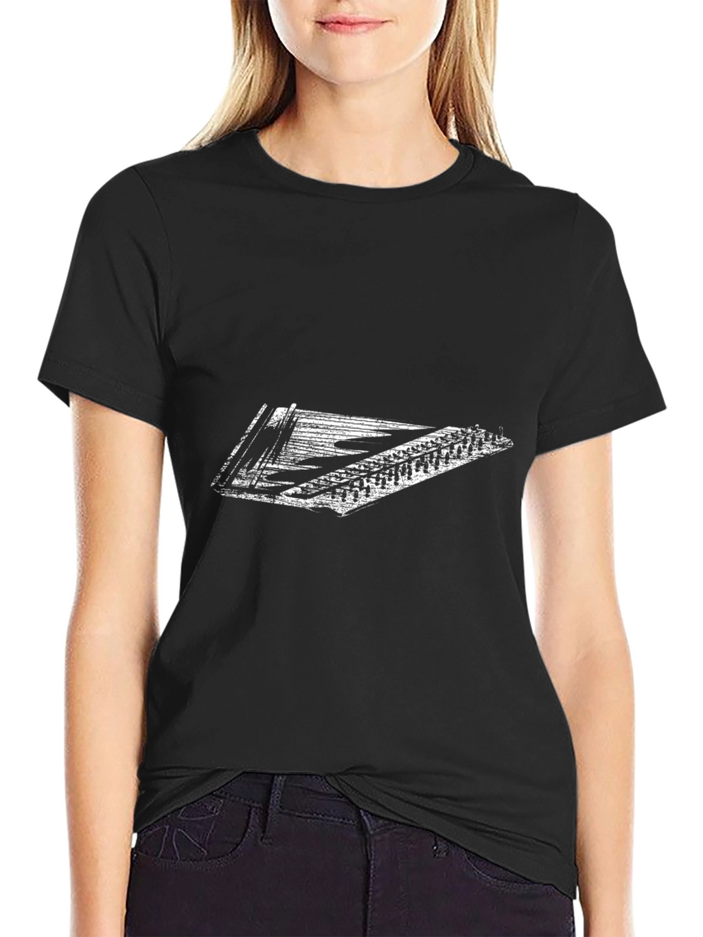 Black T-Shirt with White Hammered Dulcimer Design