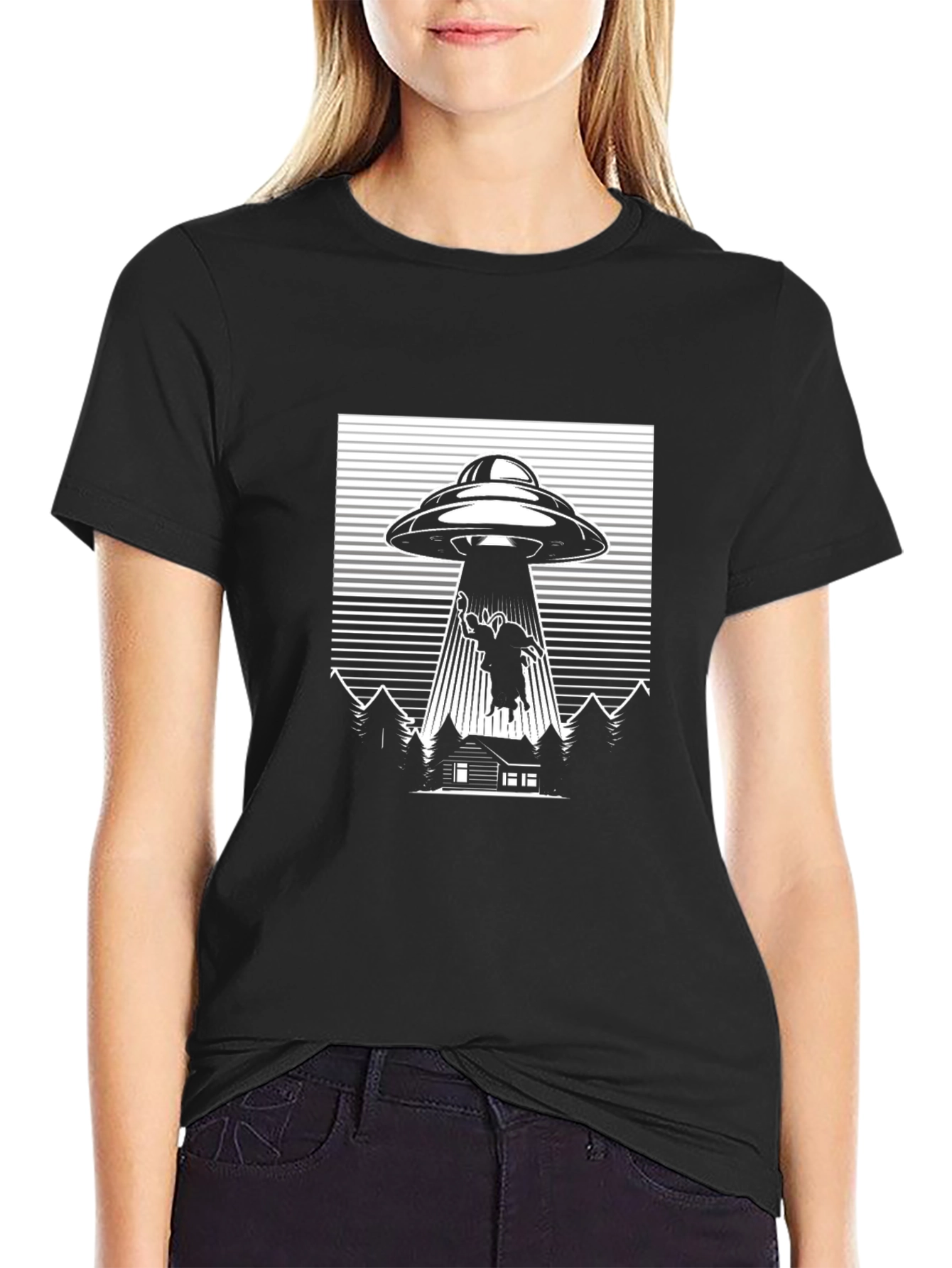UFO Cow Abduction T-Shirt Black Graphic Tee